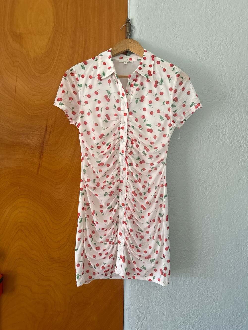 Baevely White Cherry Print Ruched Button-Up Mesh Mini Dress
